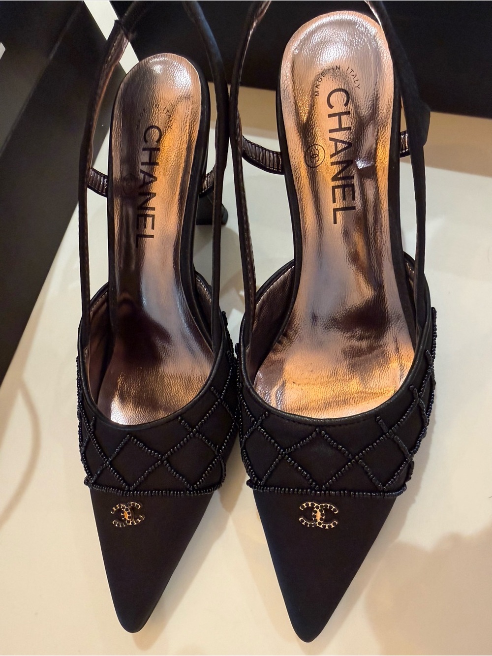 Gently Worn CHANEL Black Beaded Slingback Pointed-Toe Pumps. Vintage! - Picture 5 of 16